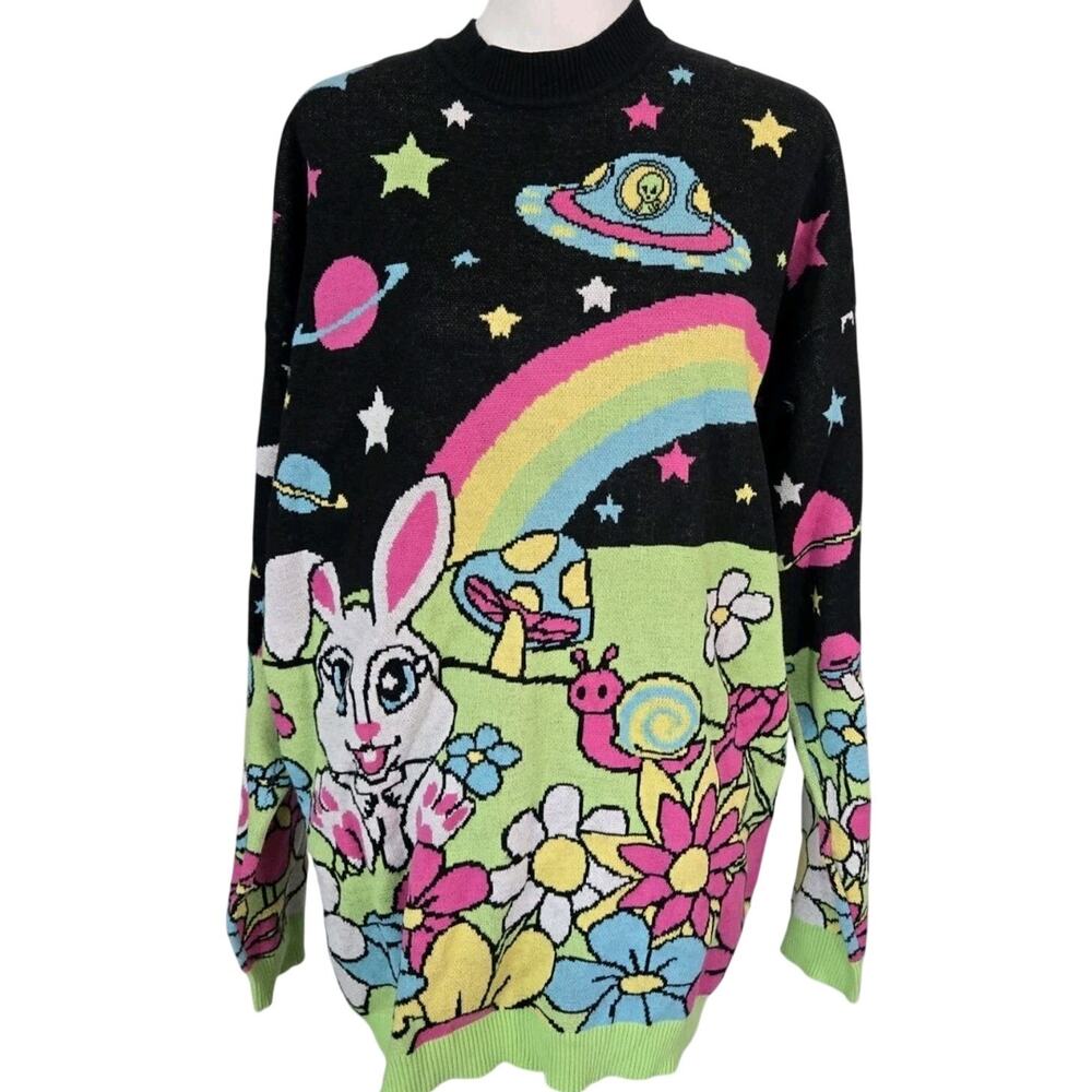 Dolls Kill Current Mood Happy Planet Intarsia Psychedelic Oversized Sweater Sz S